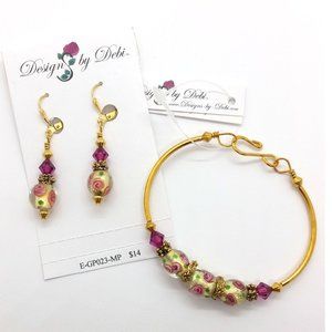 Glass & Crystal Roses Fitted Bangle & Earrings